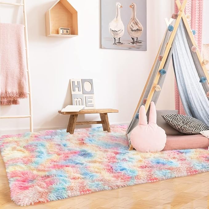 Luxury Fluffy Rainbow Colorful Area Rug | Egoodhome™