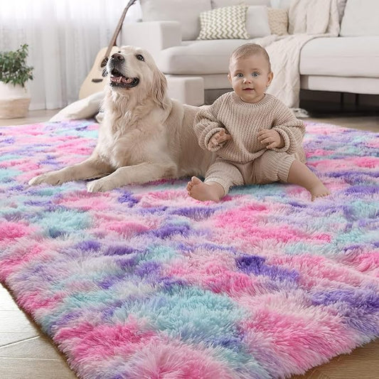 Luxury Fluffy Rainbow Colorful Area Rug | Egoodhome™