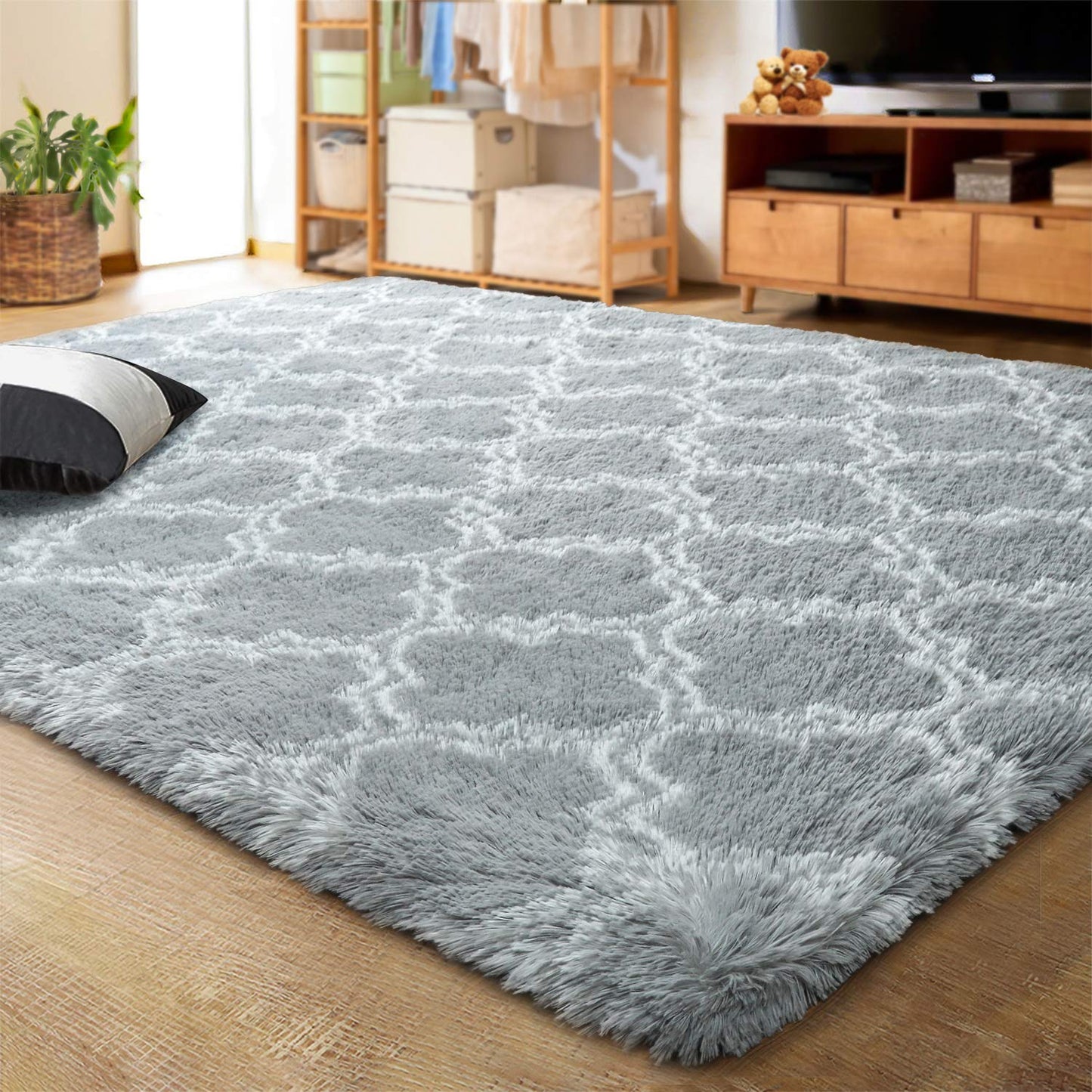 Modern Indoor Plush Fluffy Rugs Geometric Line Extra Soft Carpet | Egoodhome™