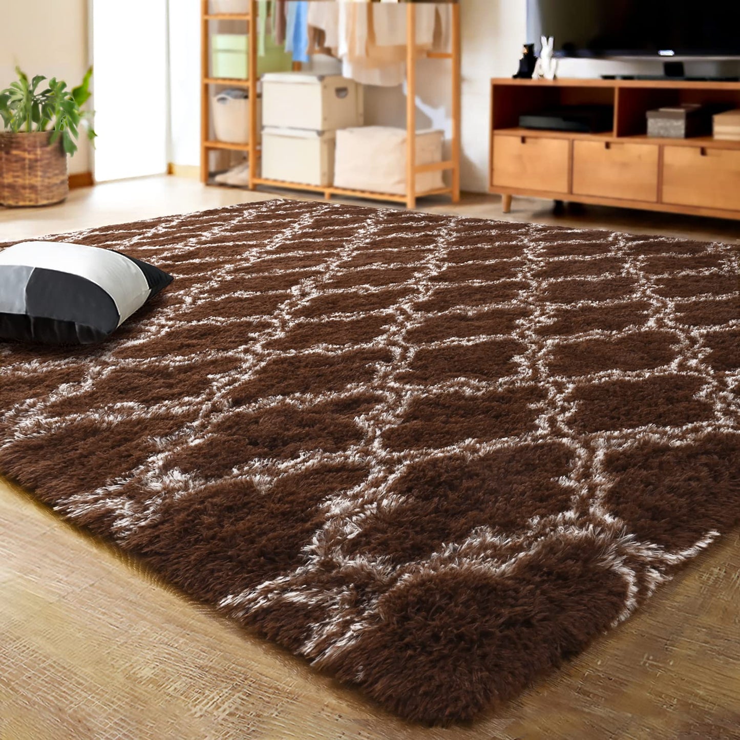 Modern Indoor Plush Fluffy Rugs Geometric Line Extra Soft Carpet | Egoodhome™