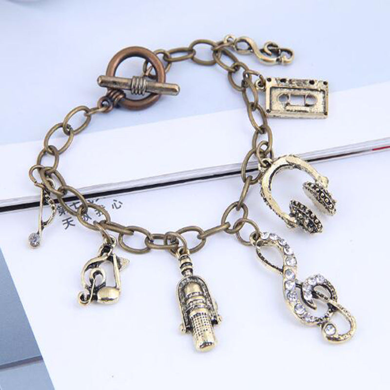 Stylish metal retro music charm multi-element pendant bracelet