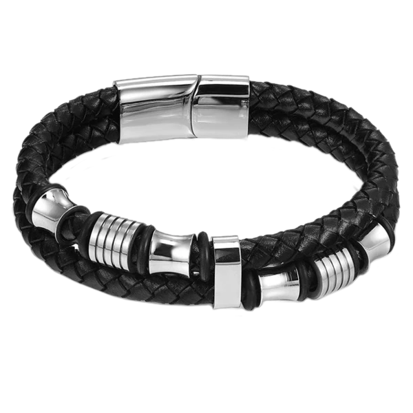 Gold and Silver Double Layer Men's Leather Bracelet