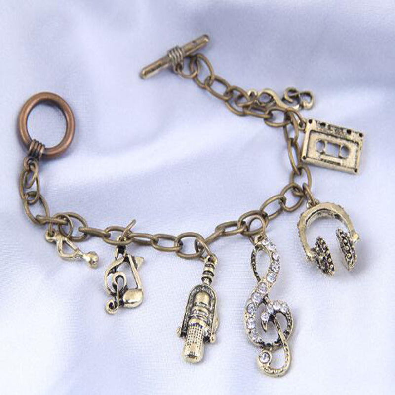 Stylish metal retro music charm multi-element pendant bracelet