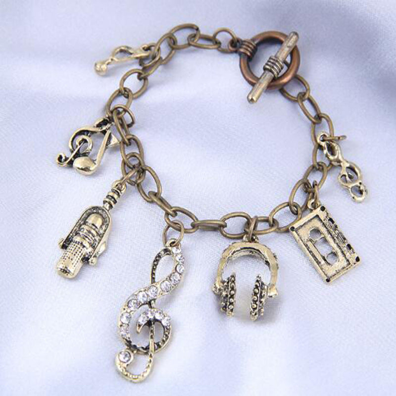 Stylish metal retro music charm multi-element pendant bracelet