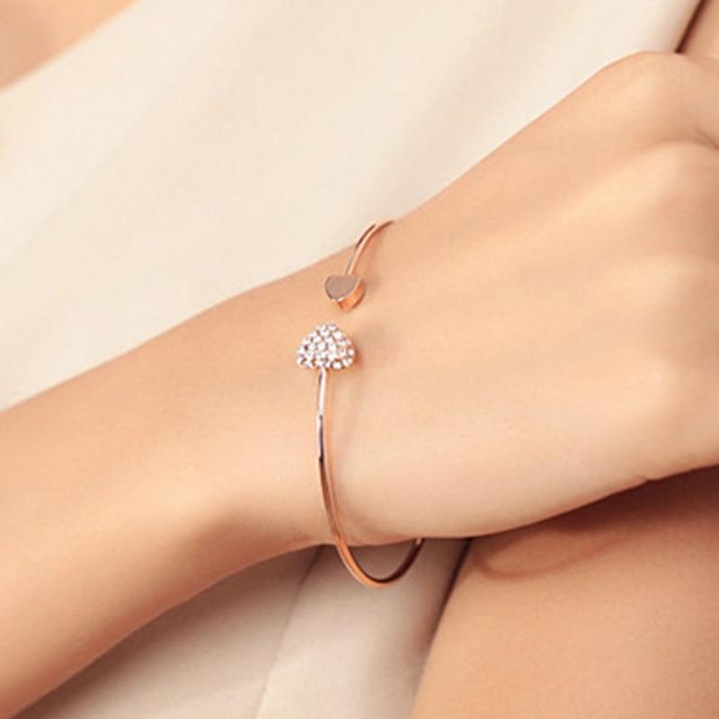 2020 Hot New Fashion Adjustable Crystal Double Heart Bow Bilezik Cuff Opening Bracelet For Women Jewelry Gift Mujer Pulseras 7g