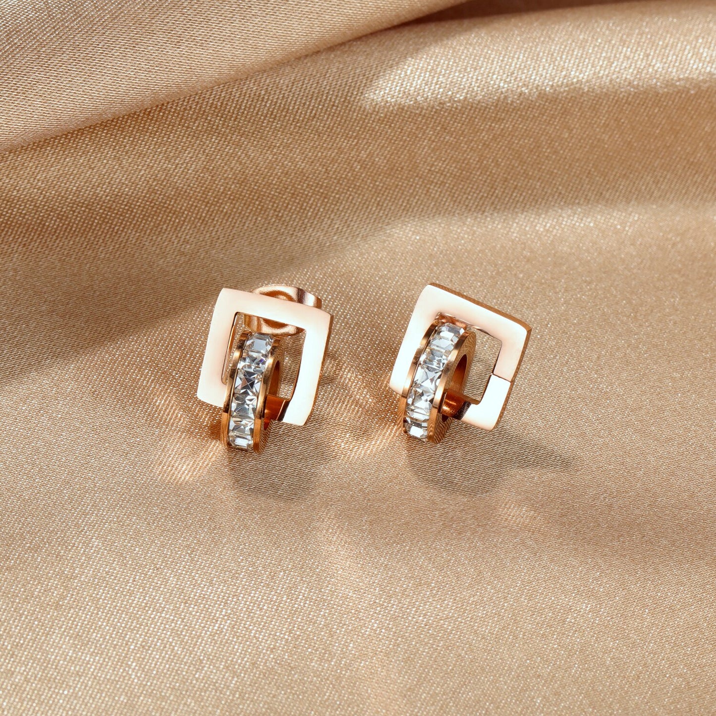 Women Geometry Square Round Crystal Stud Earrings Rose Gold Korean Charm Fashion Jewelry