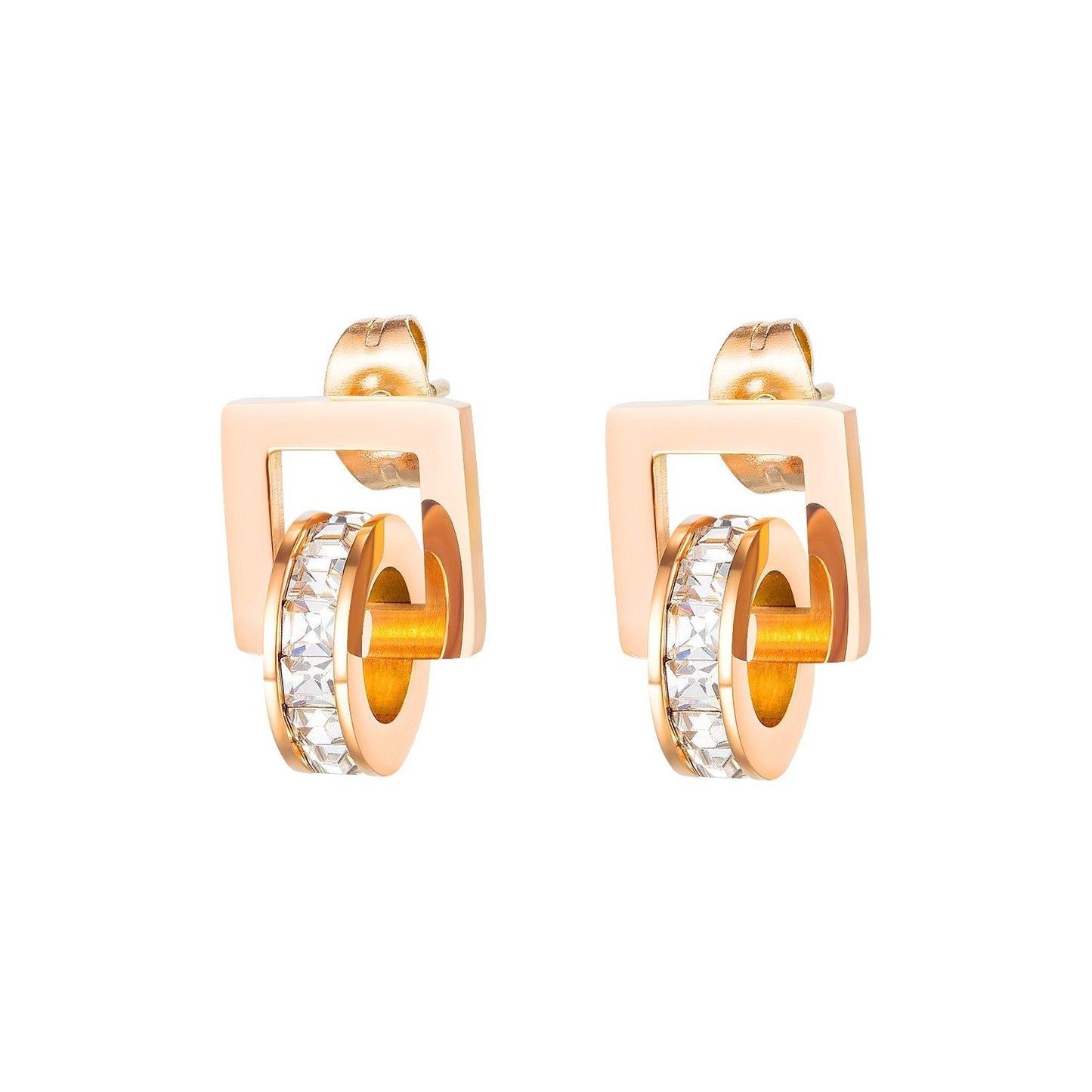 Women Geometry Square Round Crystal Stud Earrings Rose Gold Korean Charm Fashion Jewelry