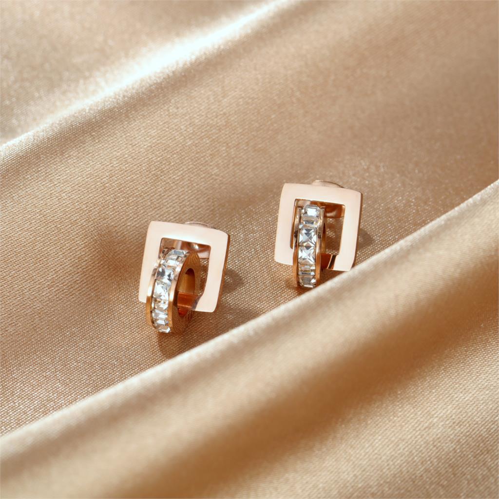 Women Geometry Square Round Crystal Stud Earrings Rose Gold Korean Charm Fashion Jewelry