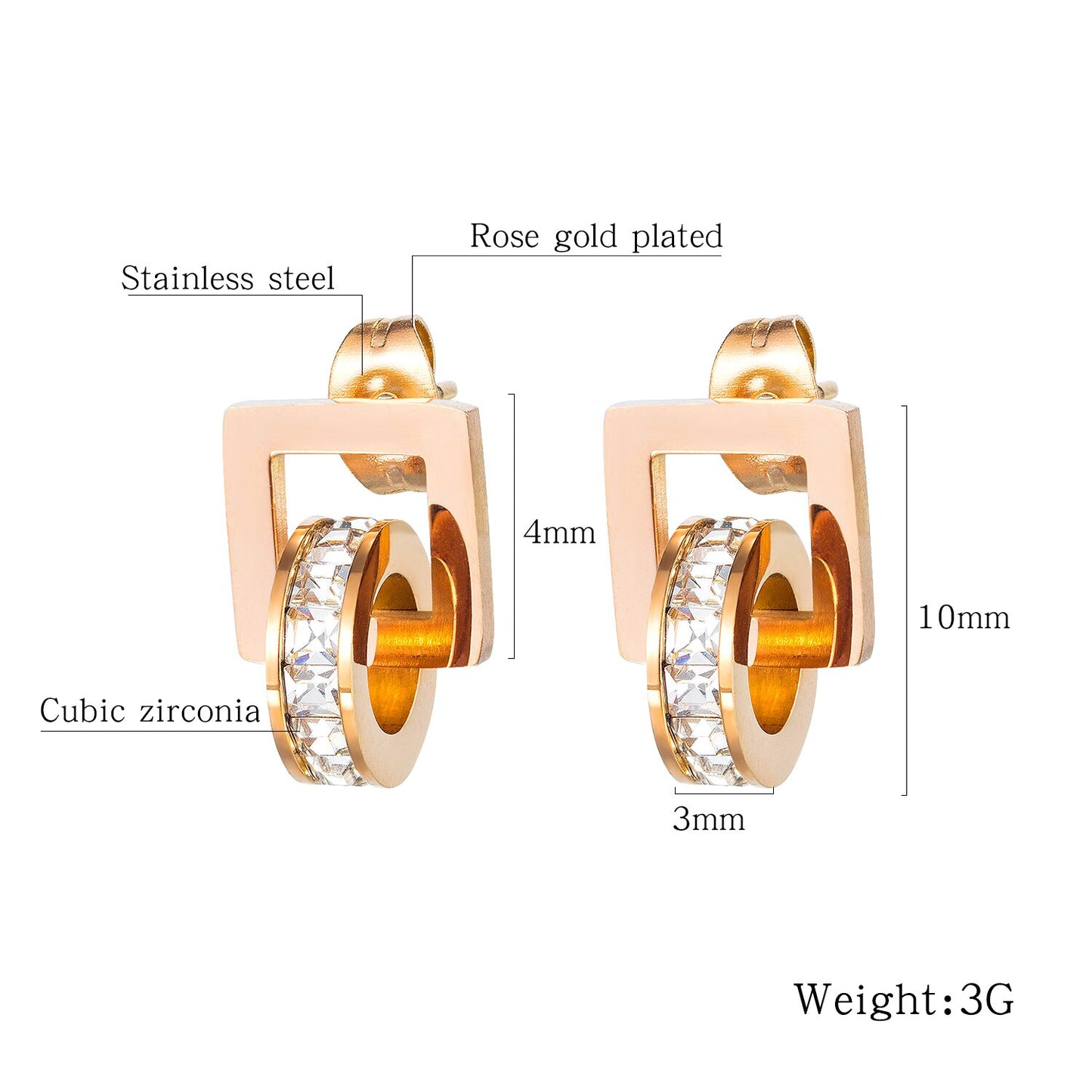 Women Geometry Square Round Crystal Stud Earrings Rose Gold Korean Charm Fashion Jewelry