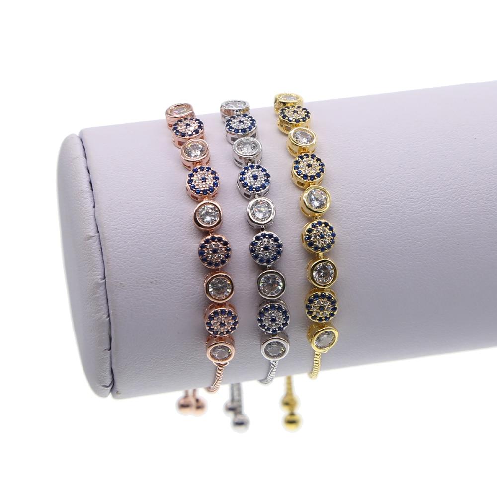 Mix 3 color gold rose silver color 5mm sparking AAA+ cz evil eye link chain girl women turkish jewelry pave cz bracelet