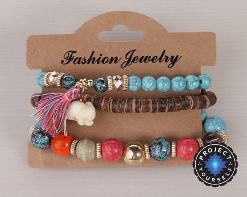 3-Piece Stone and Wood Beads Elephant Charm Boho Bracelet Set