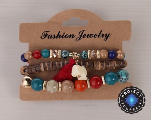 3-Piece Stone and Wood Beads Elephant Charm Boho Bracelet Set
