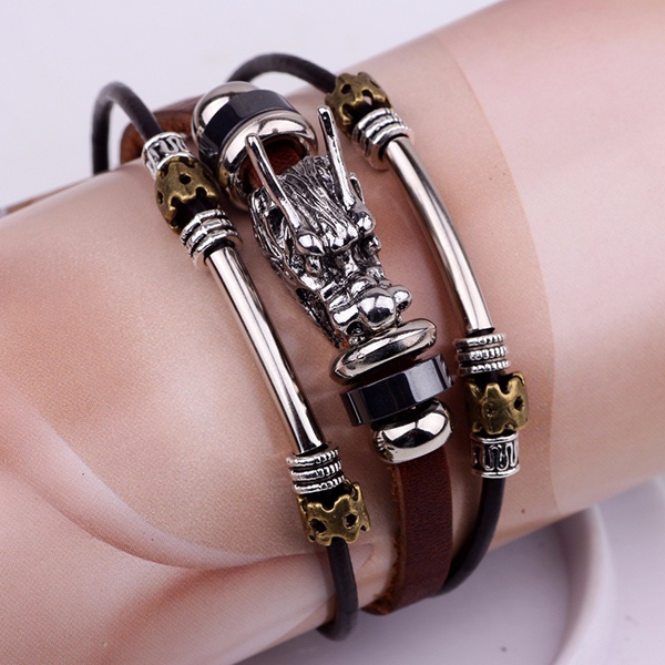 Tibetan Dragon Silver Unisex Leather Bracelet