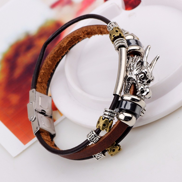 Tibetan Dragon Silver Unisex Leather Bracelet