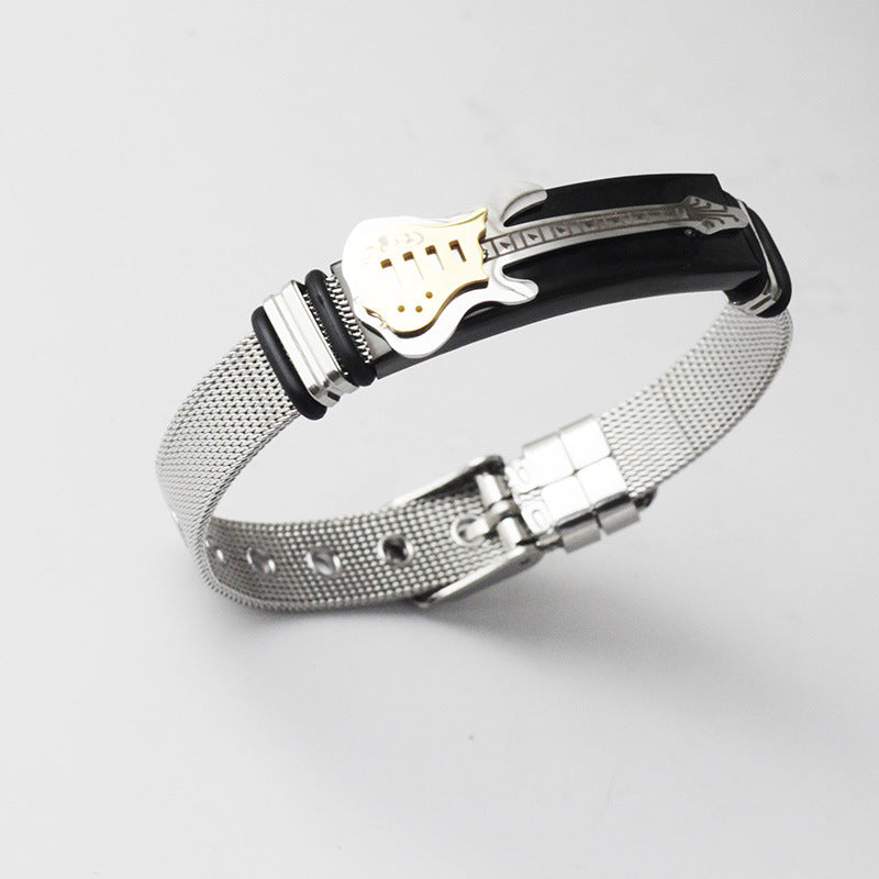 Titanium Steel Bass Guitar Between Gold Mesh With Men's Bracelet
