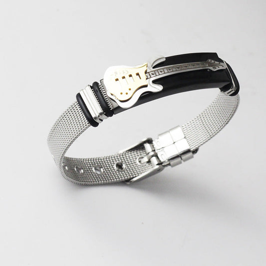 Titanium Steel Bass Guitar Between Gold Mesh With Men's Bracelet