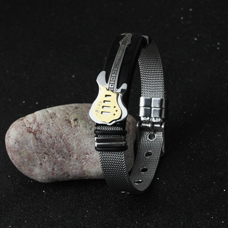 Titanium Steel Bass Guitar Between Gold Mesh With Men's Bracelet