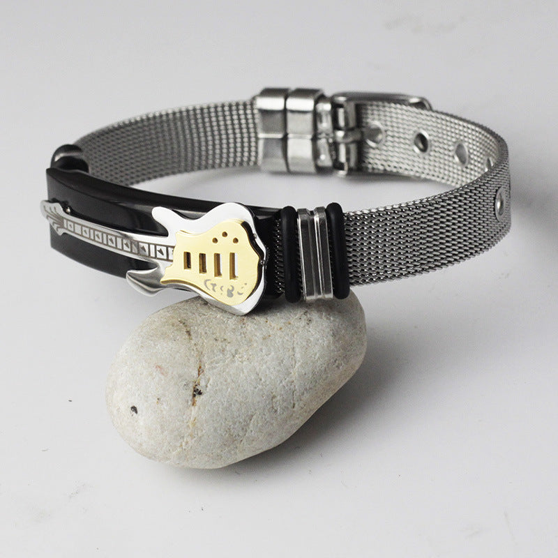 Titanium Steel Bass Guitar Between Gold Mesh With Men's Bracelet