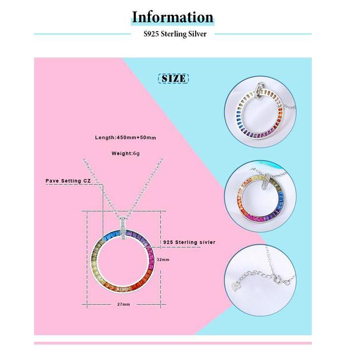 Hollow Circle Rainbow Crystal Pendant Necklace-  925 Sterling Silver Chain