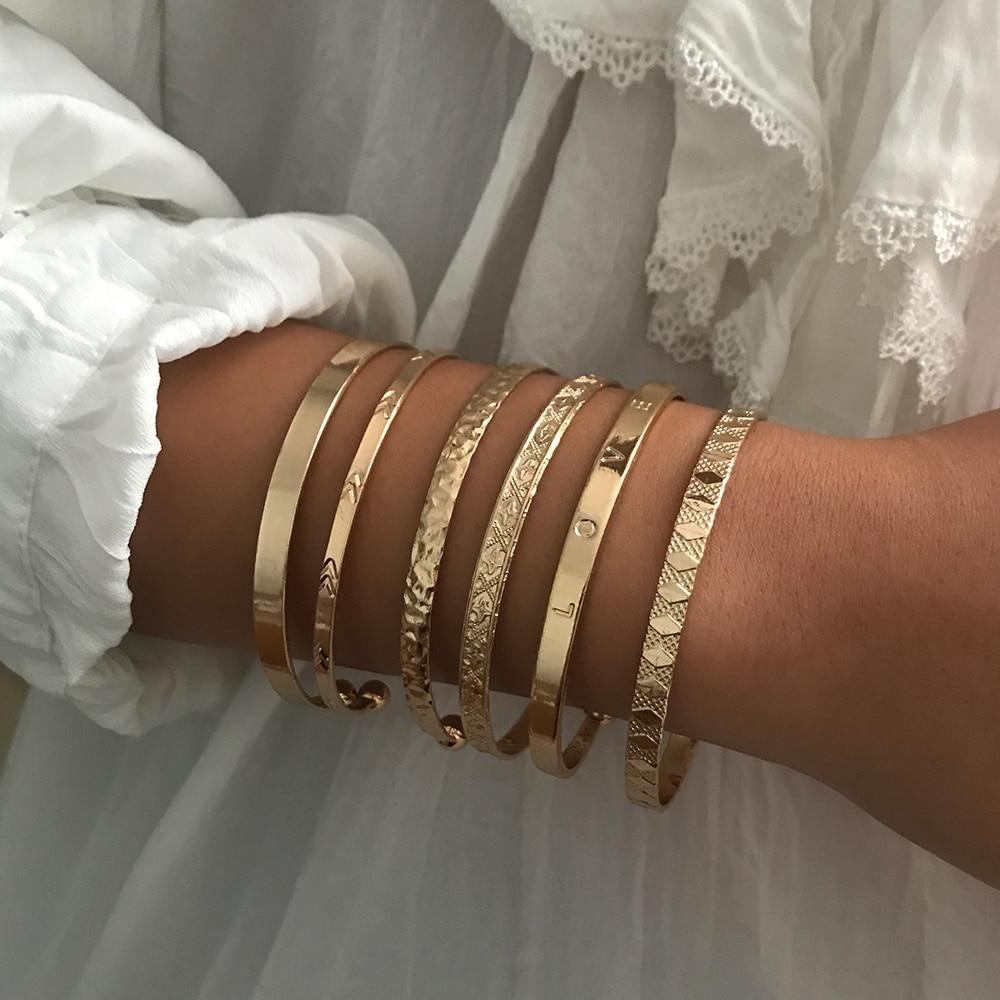 6Pcs/2Pcs/Set Women Bracelets Boho Vintage Gold Geometric Carved Arrow Round Letter Bracelet Set Beach Fashion Jewelry