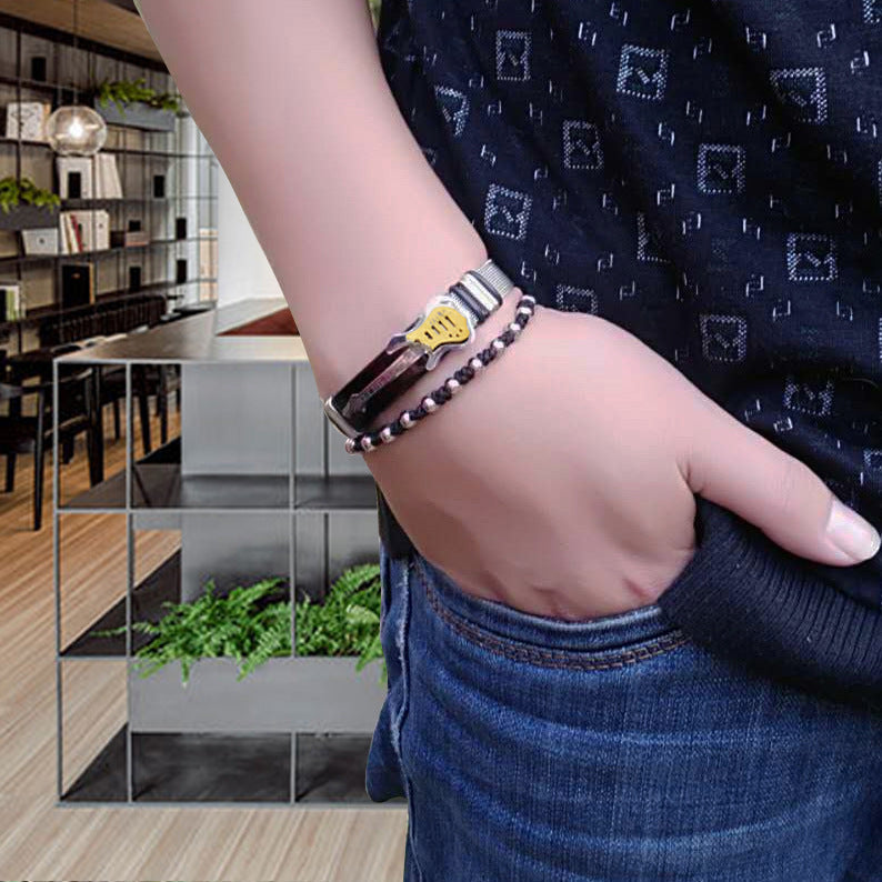 Titanium Steel Bass Guitar Between Gold Mesh With Men's Bracelet