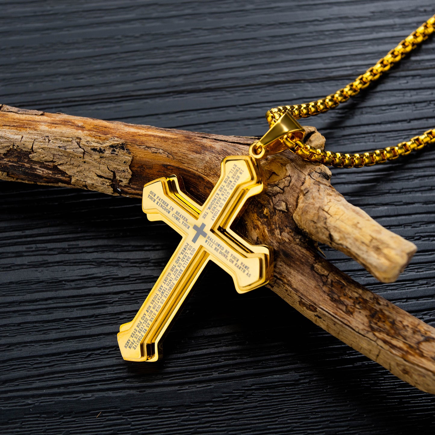 Titanium steel three-layer bible cross men's necklace