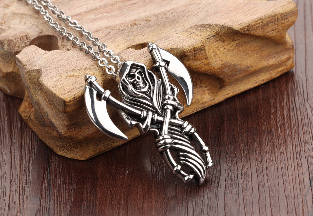 Reaper, sickle, skull, titanium steel casting pendant, domineering men's necklace, Halloween gift