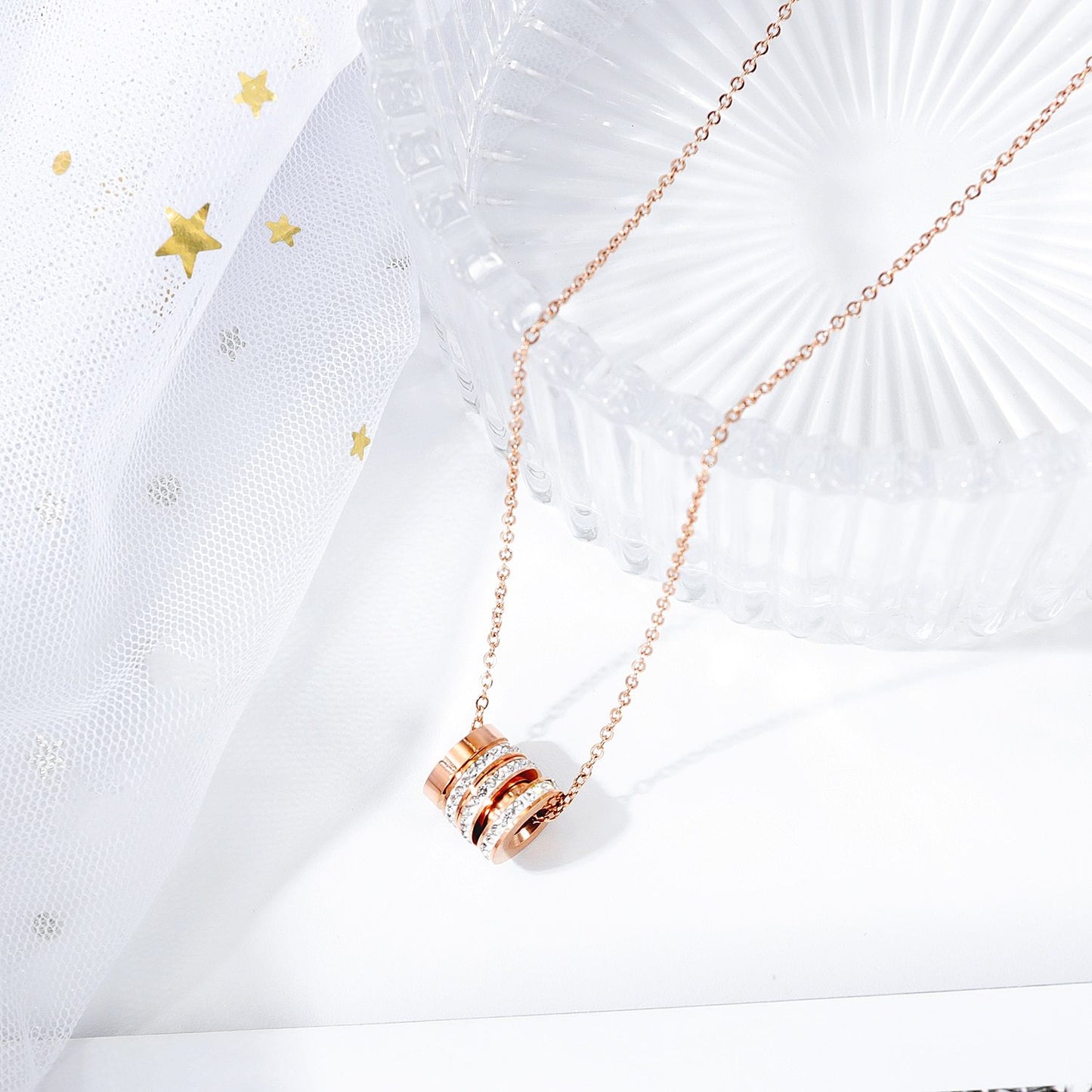 Women Chain Necklace Shiny Stone Round Designer New Clavicle Link Steel Rose Gold Pendant Lady Korea Jewerly