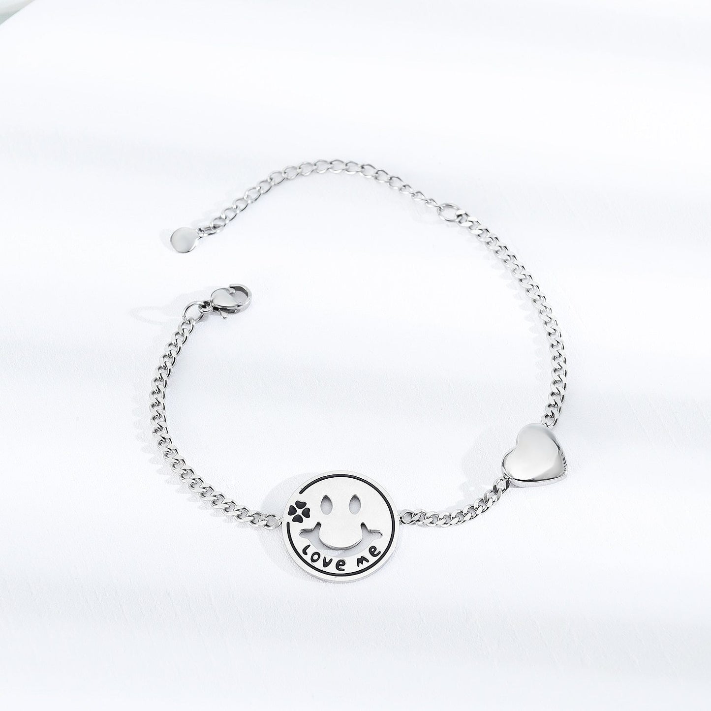 Women Bracelets Love Heart Smile Face Stainless Steel Metal Tone Charm Adjustable Chain Wristband