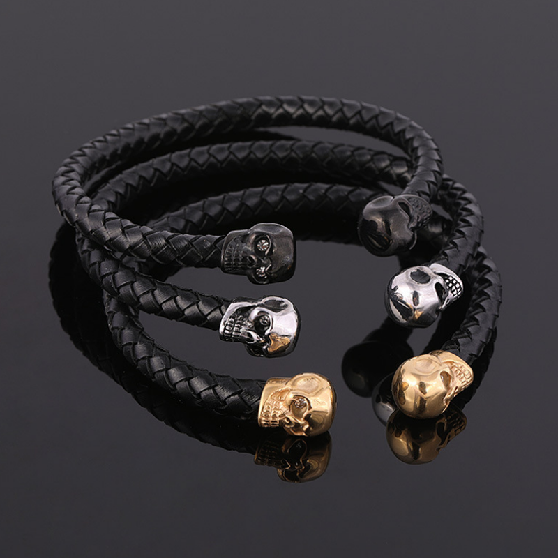 Leather Skull Bangle Bracelet