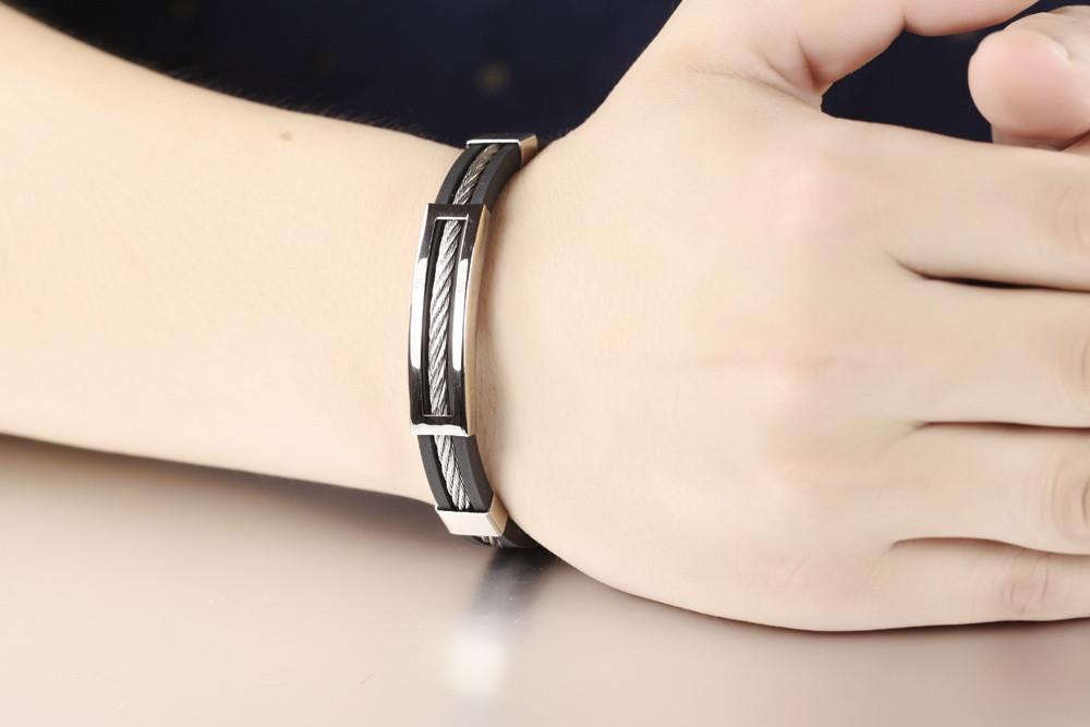 Cool Man Genuine Silicone Bangles Fashion Stainless Steel Hol Out Men Jewelry 19.5cm Long Accessories Cheap