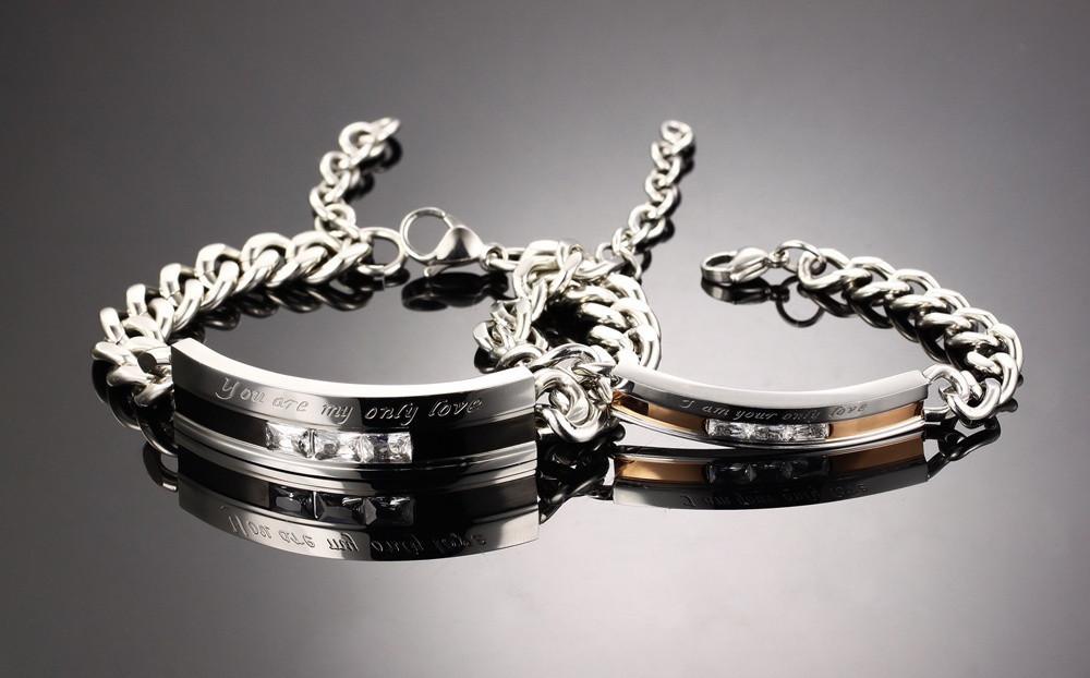 1 Pair Lovers' Cubic Zirconia Link Chain Bracelets Vintage Black/Gold Color Stainless Steel Women Men Jewelry Gift