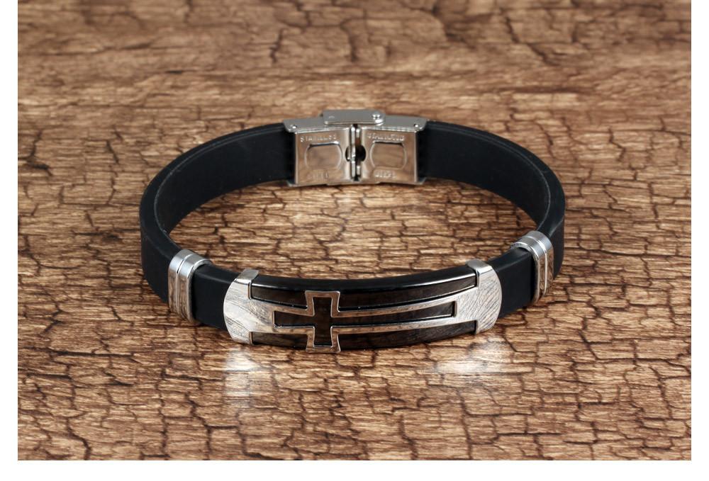 Charm Black Silicone Man Bracelets Classical Stainless Steel Big Cross Men Jewelry 2 Colors Religious Accessories