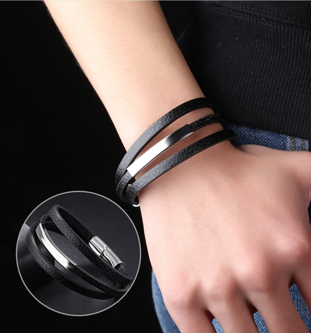 Casual There Layer Genuine Leather Man Bracelets Simple Design With Magnet Buckle Men Handmade Wrap Jewelry Gift