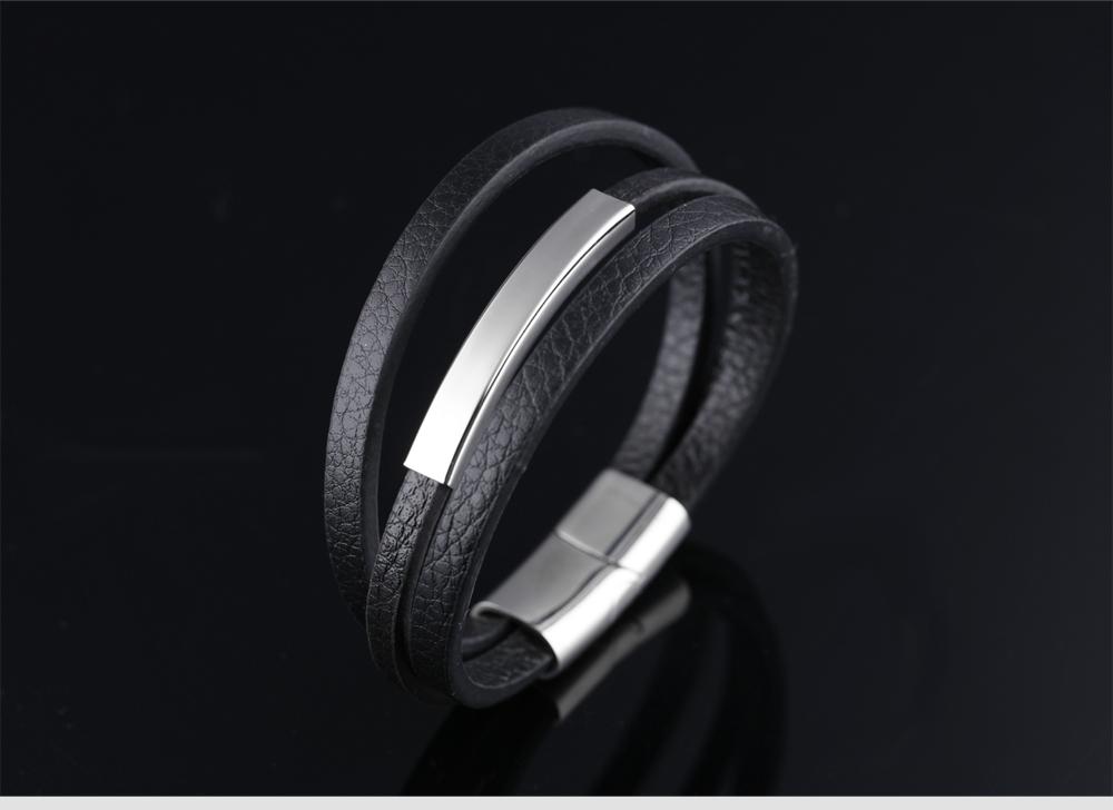 Casual There Layer Genuine Leather Man Bracelets Simple Design With Magnet Buckle Men Handmade Wrap Jewelry Gift