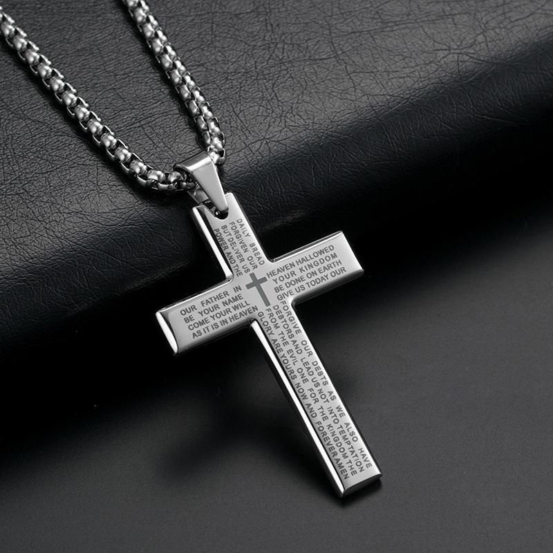 Cross Pendant Necklace, Stainless Steel Cross Pendant Necklace for Men Lord's Prayer Necklace