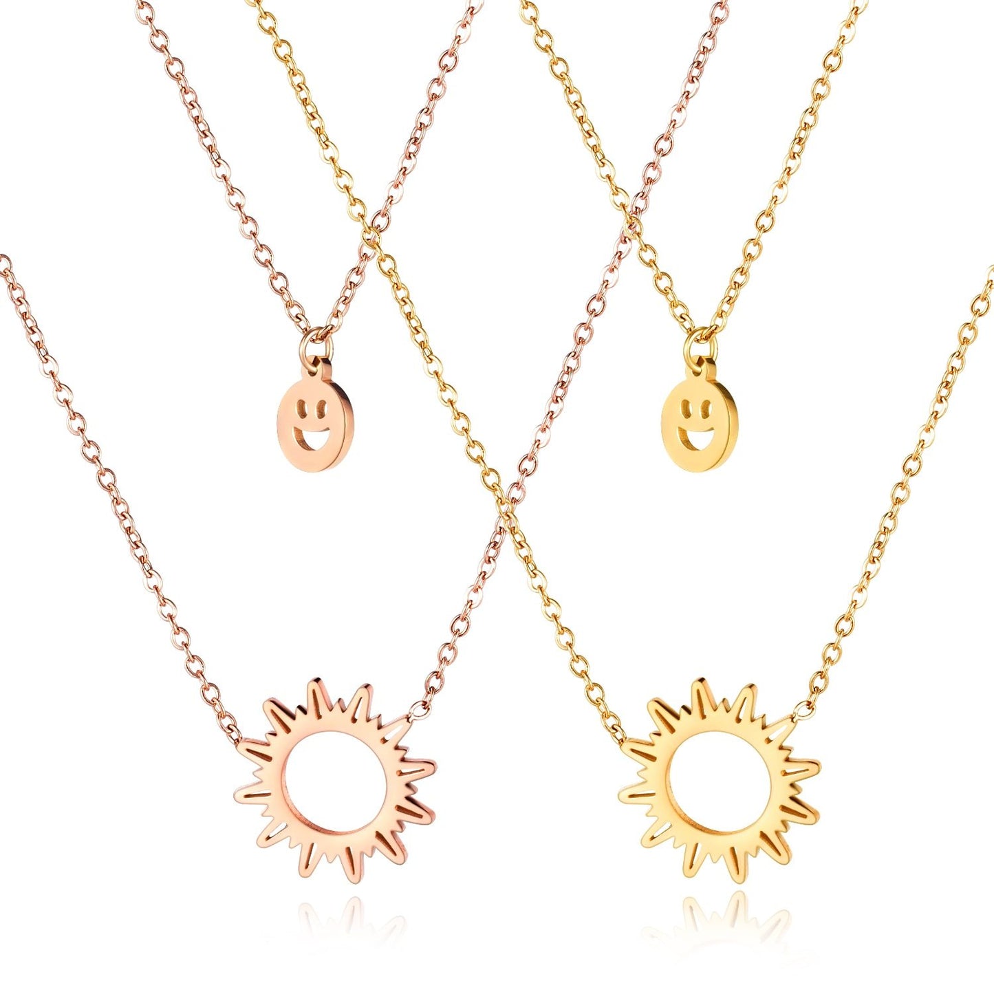 Women Double Layer Necklace Sun Smile  Tredy Chain Link Stainless Steel Rose Gold Korea Style Jewelry