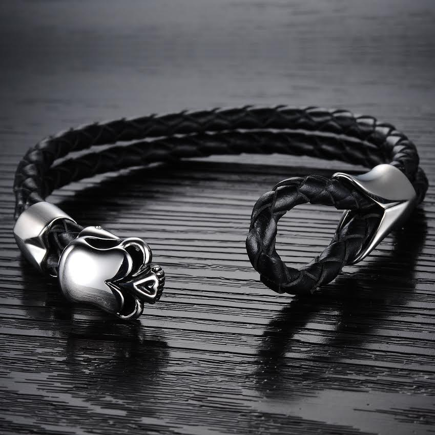 Dirty Skull Black Leather Men's Bracelet - Florence Scovel - 4