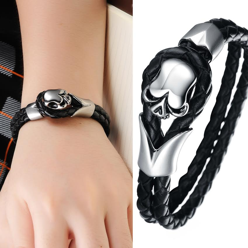 Dirty Skull Black Leather Men's Bracelet - Florence Scovel - 5