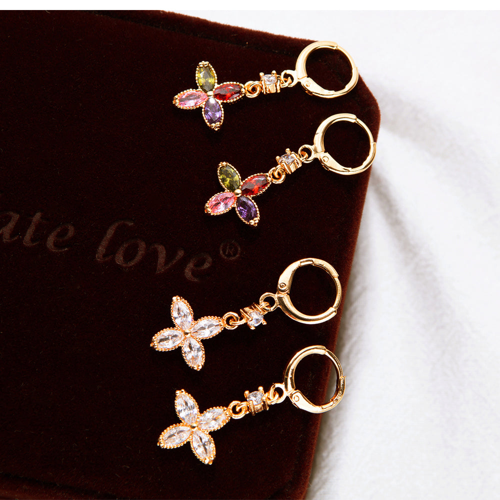 Fashion colored diamond temperament flower pendant earrings, gold-plated copper earrings