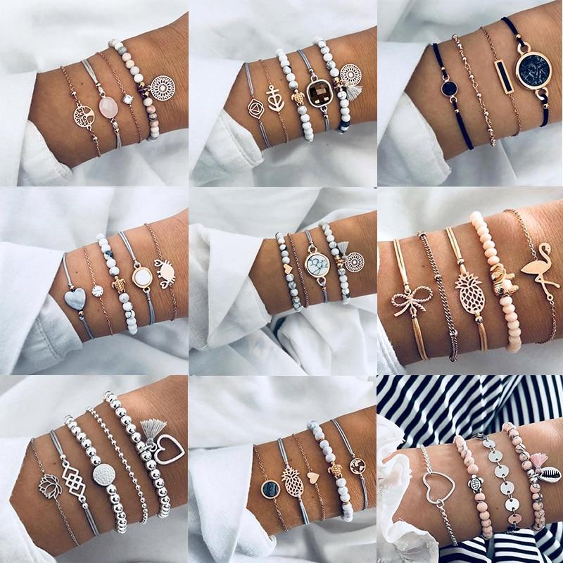 Bohemian Bracelet Set For Women Geometric Shell Star Map Heart Natural Stone Beads Chain Pendant Bracelet Boho Jewelry 2020