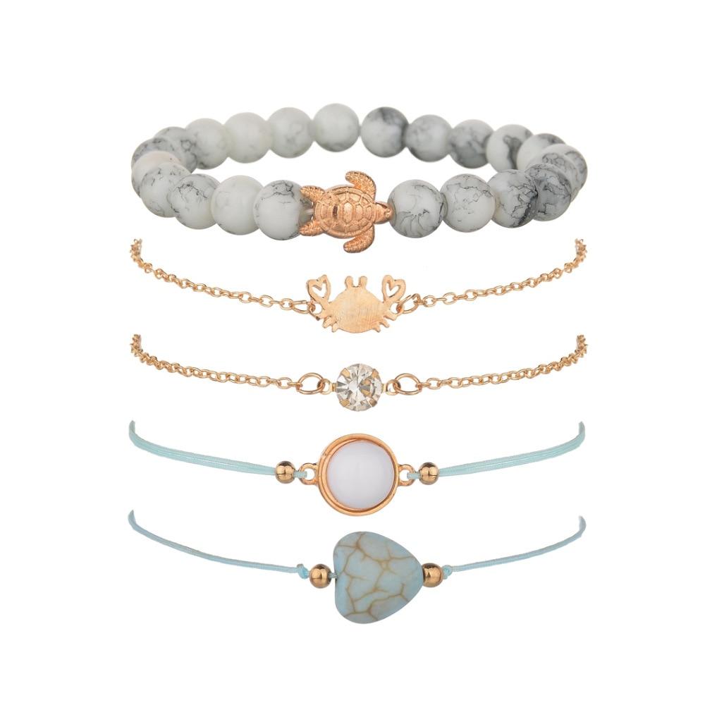 Bohemian Bracelet Set For Women Geometric Shell Star Map Heart Natural Stone Beads Chain Pendant Bracelet Boho Jewelry 2020