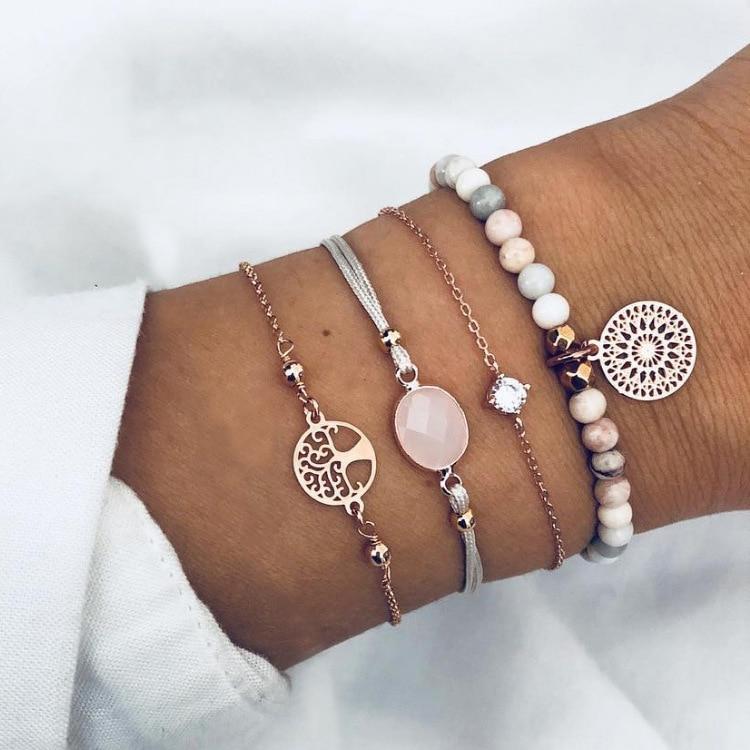 Bohemian Bracelet Set For Women Geometric Shell Star Map Heart Natural Stone Beads Chain Pendant Bracelet Boho Jewelry 2020