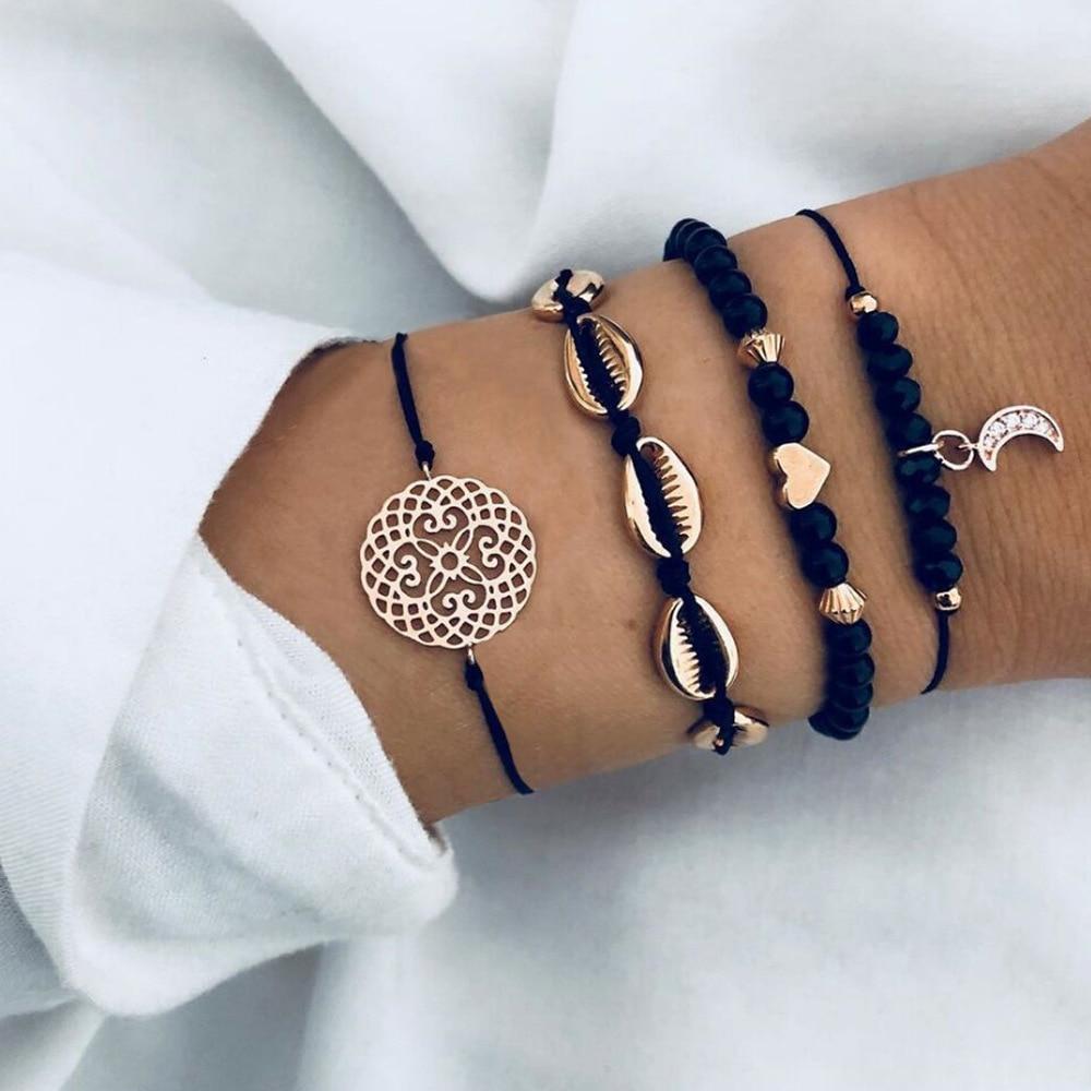 Bohemian Bracelet Set For Women Geometric Shell Star Map Heart Natural Stone Beads Chain Pendant Bracelet Boho Jewelry 2020