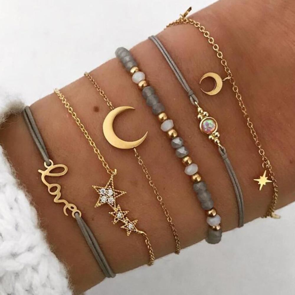 Bohemian Bracelet Set For Women Geometric Shell Star Map Heart Natural Stone Beads Chain Pendant Bracelet Boho Jewelry 2020
