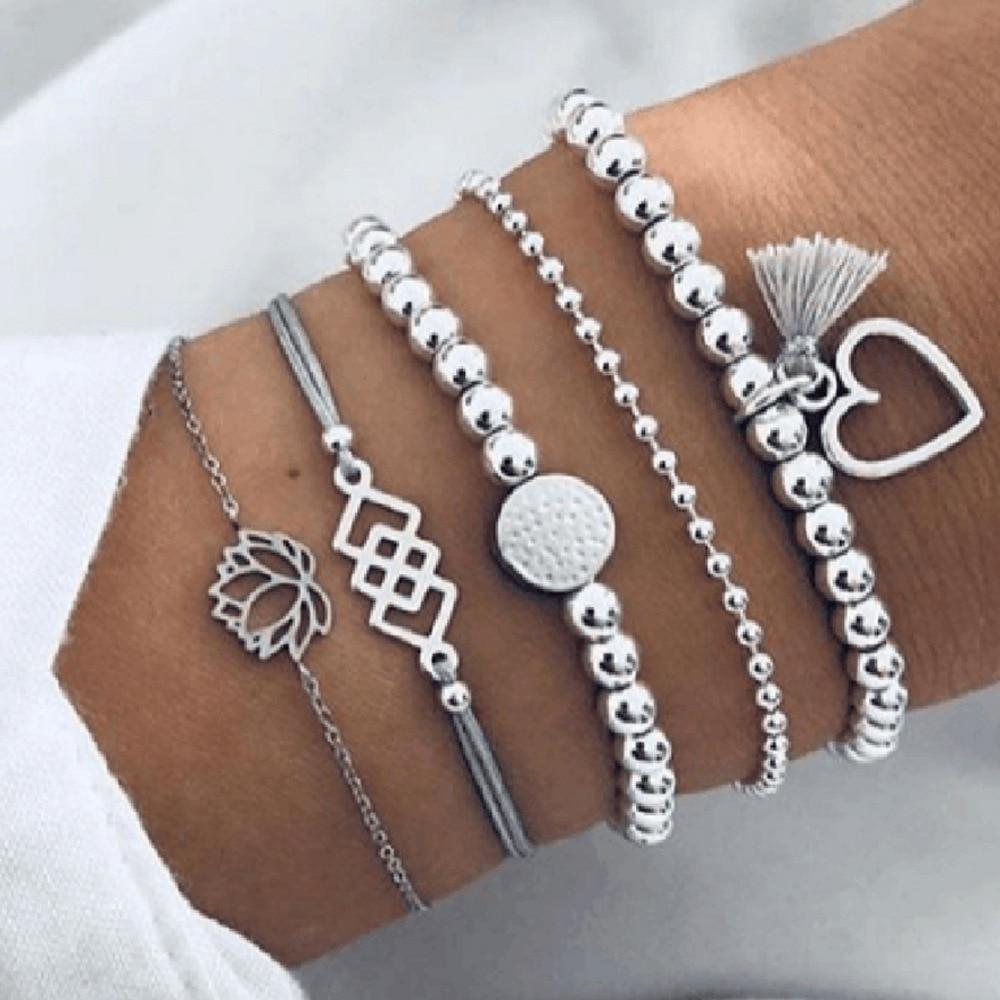 Bohemian Bracelet Set For Women Geometric Shell Star Map Heart Natural Stone Beads Chain Pendant Bracelet Boho Jewelry 2020