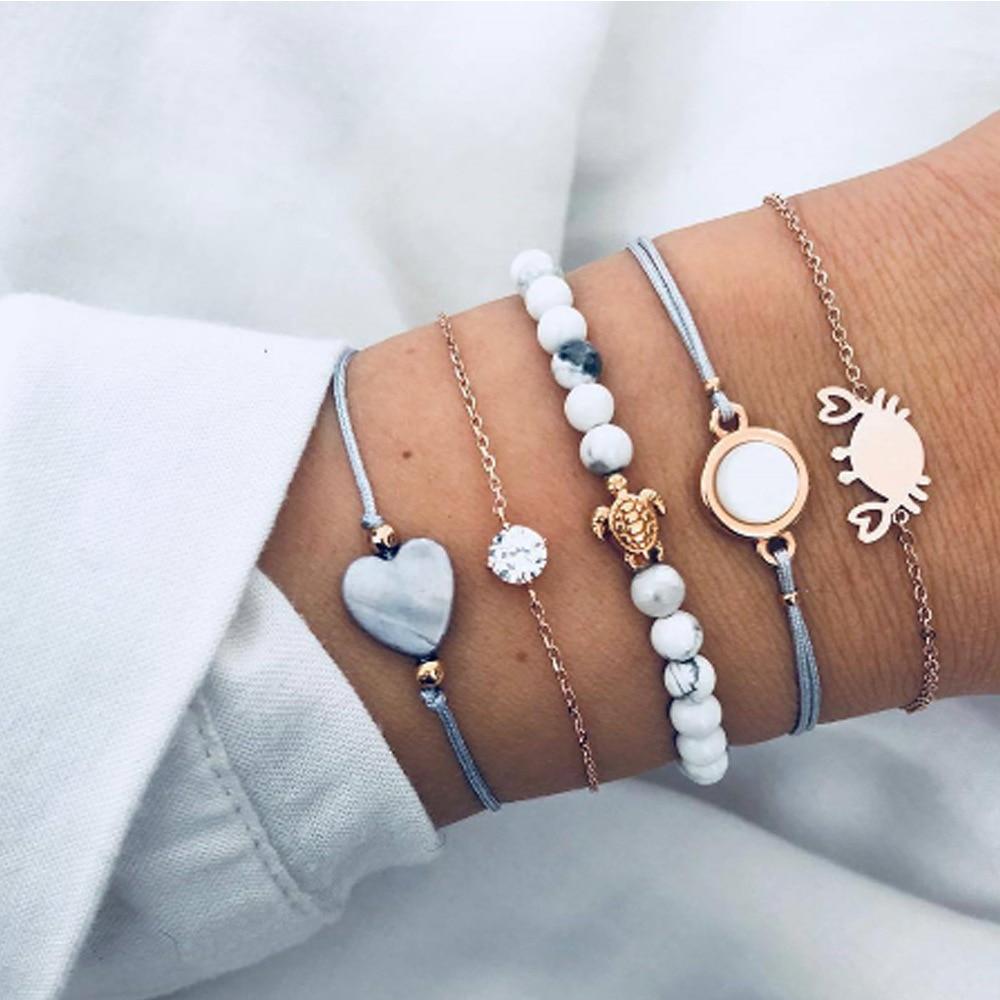 Bohemian Bracelet Set For Women Geometric Shell Star Map Heart Natural Stone Beads Chain Pendant Bracelet Boho Jewelry 2020