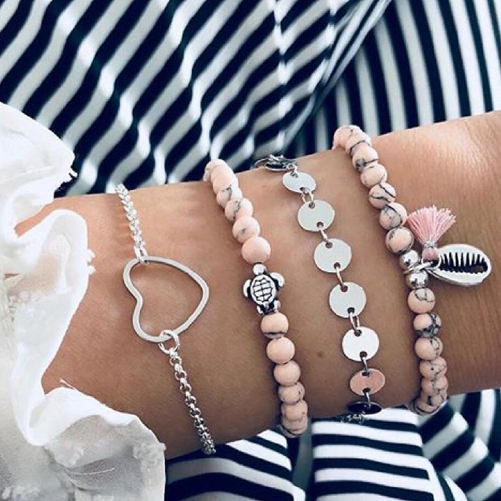 Bohemian Bracelet Set For Women Geometric Shell Star Map Heart Natural Stone Beads Chain Pendant Bracelet Boho Jewelry 2020