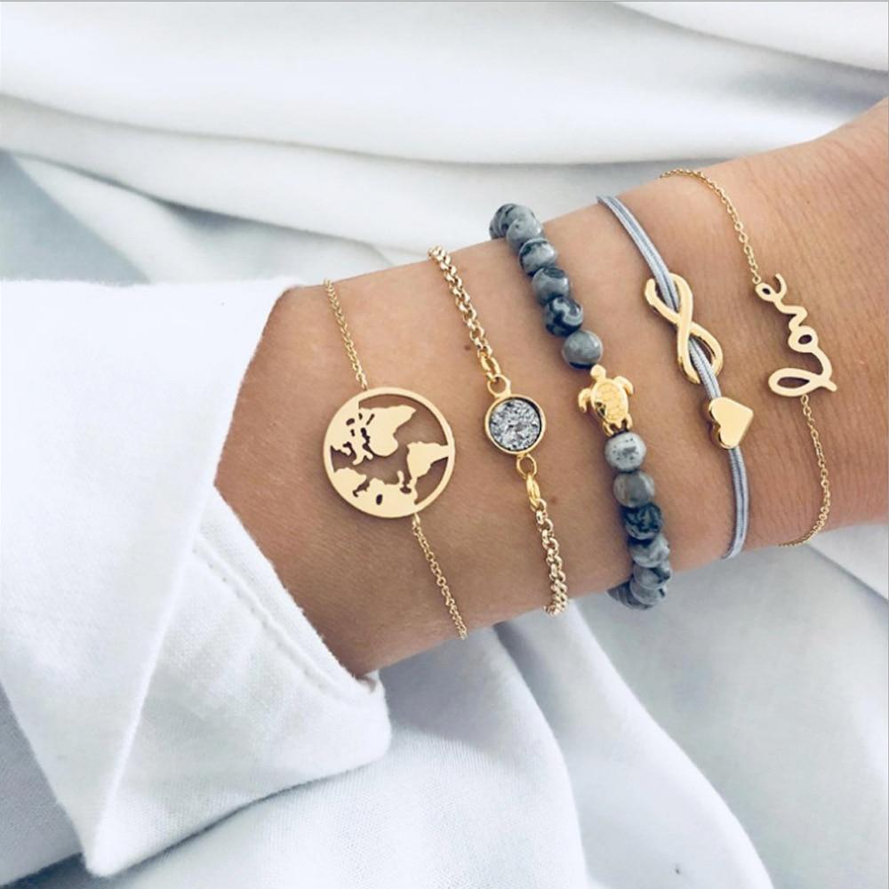 Bohemian Bracelet Set For Women Geometric Shell Star Map Heart Natural Stone Beads Chain Pendant Bracelet Boho Jewelry 2020