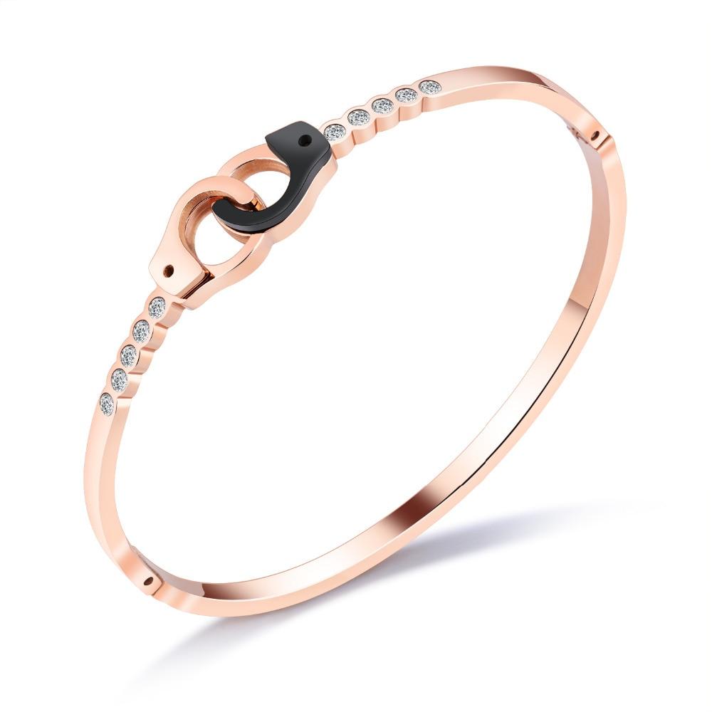 Handcuffs Open Bangles For Women Rose Gold Color Pave Cubic Zirconia Lock Design Birthday Party Office Gift